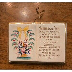 Vintage Ceramic Open Book Mother And Dad Dedication Plaque Wall Decor Flowers
